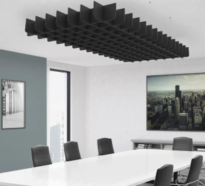 Black Hatch work acoustic panels in a flat formation are suspended in a modern looking conference room with a white table.