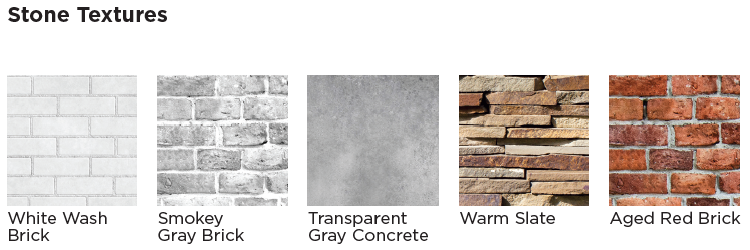 Stone Textures are shown for acoustic art. These include: White Wash Brick, Smokey Gray Brick, Transparent Gray Concrete, Warm Slate, Aged Red Brick