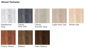 Color choices of acoustic panels that reads "Wood Textures: Weathered Grey, Classic Gray Oak, Classic Smooth Gray, Light Grey Oak, White Oak, Cherry Wood, Walnut, and Dark Walnut.
