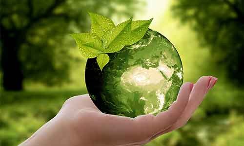 Hand holding a green Earth with a leaf on top.